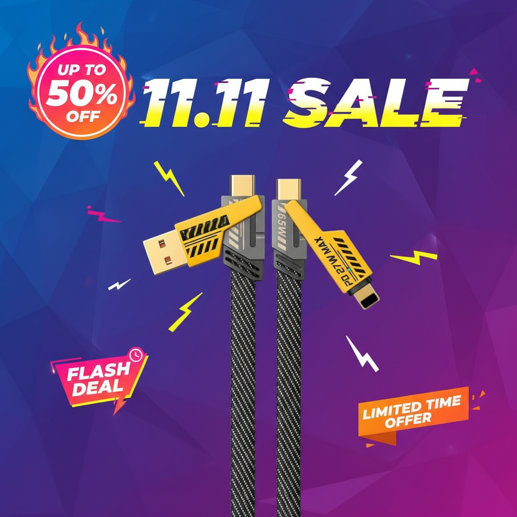 65W Max Fast Charging 4-in-1 Data Cable | PD 27W for iPhone | USB-A/C to C/Lightning | Braided High-Speed Multi-Cable