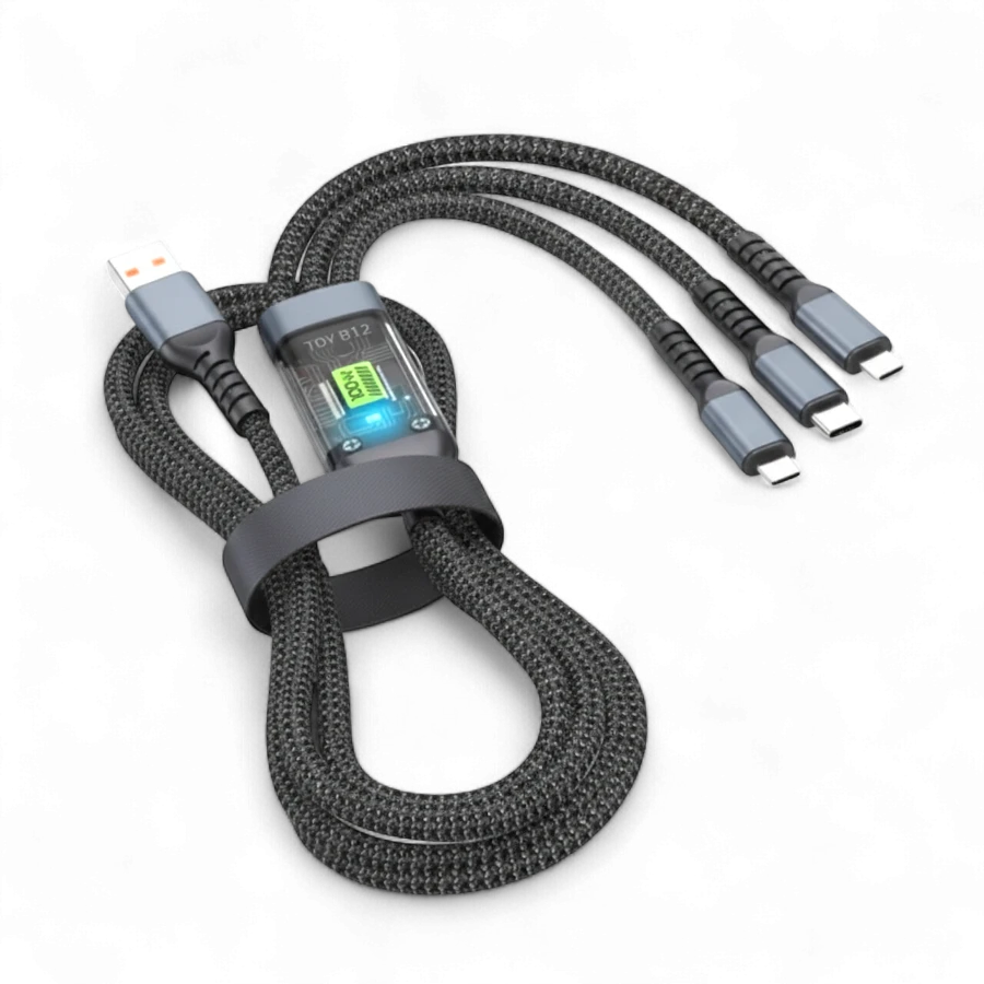 3-in-1 100W Fast Charging Cable with Digital Display – Braided Multi-Connector USB Charger