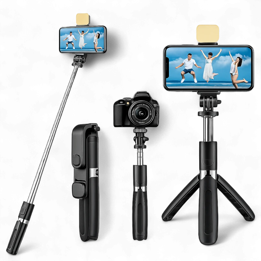 4-in-1 Super Long 170cm (5.5ft) Selfie Stick Tripod with Bluetooth Remote & Fill Light for TikTok/Vlogging