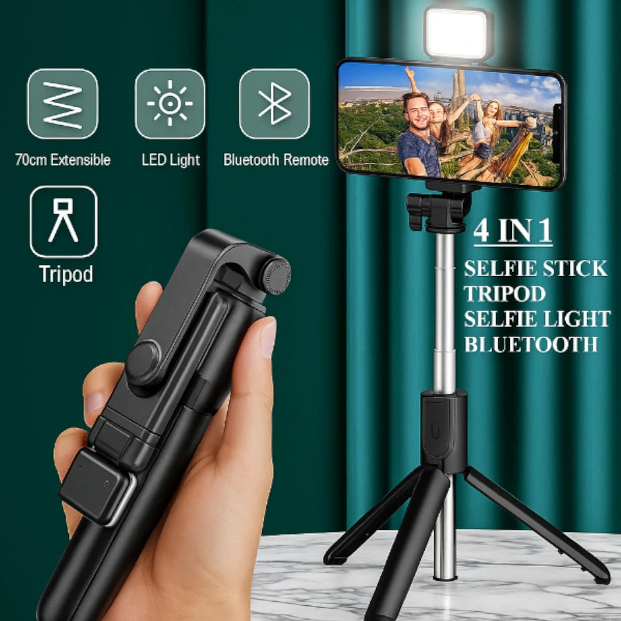 4-in-1 Super Long 170cm (5.5ft) Selfie Stick Tripod with Bluetooth Remote & Fill Light for TikTok/Vlogging