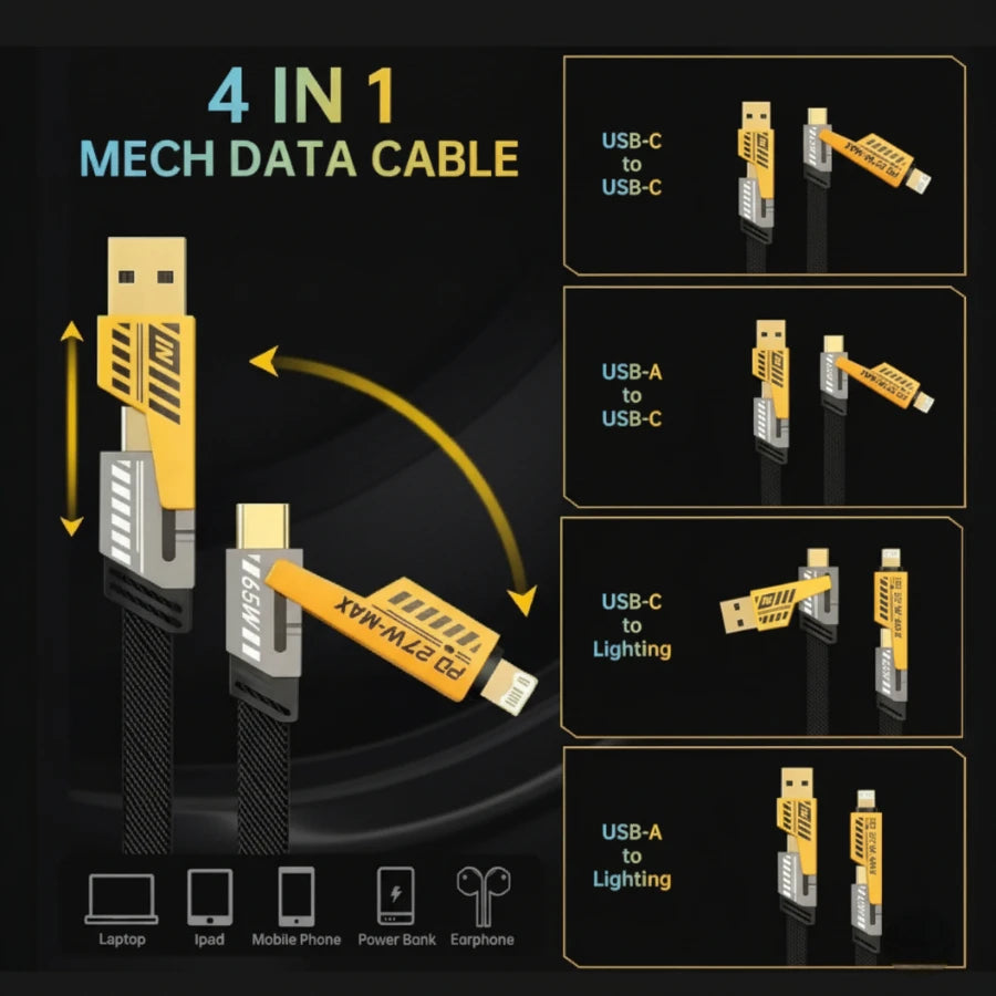 65W Max Fast Charging 4-in-1 Data Cable | PD 27W for iPhone | USB-A/C to C/Lightning | Braided High-Speed Multi-Cable