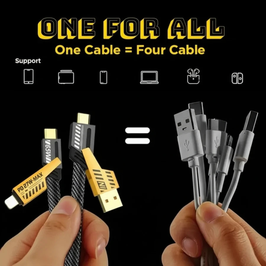 65W Max Fast Charging 4-in-1 Data Cable | PD 27W for iPhone | USB-A/C to C/Lightning | Braided High-Speed Multi-Cable