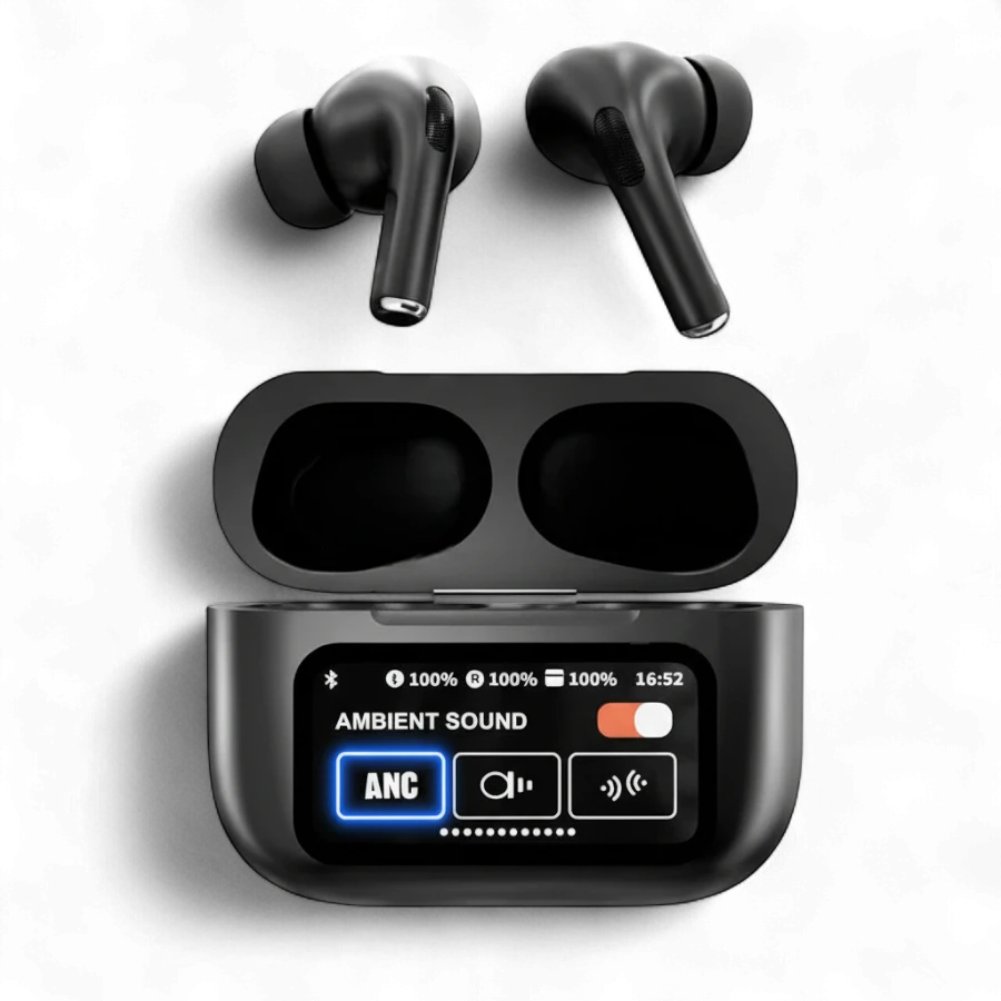 A9 PRO Wireless Bluetooth Earbuds with Multifunction Touch Screen Charging Box (ANC, Ambient Sound, 12 Touch Functions)