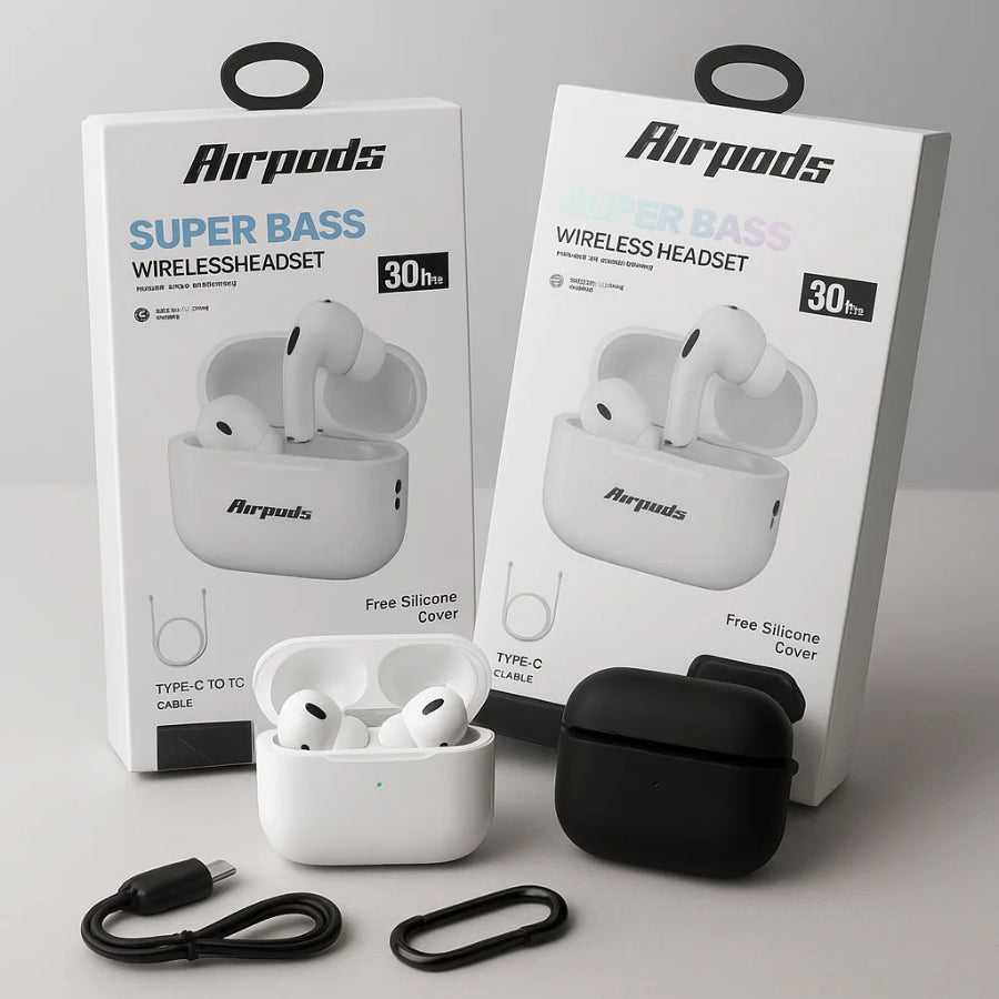 Airpods A2 Super Bass Wireless Headset – Bluetooth Earbuds with Charging Case & Silicone Cover