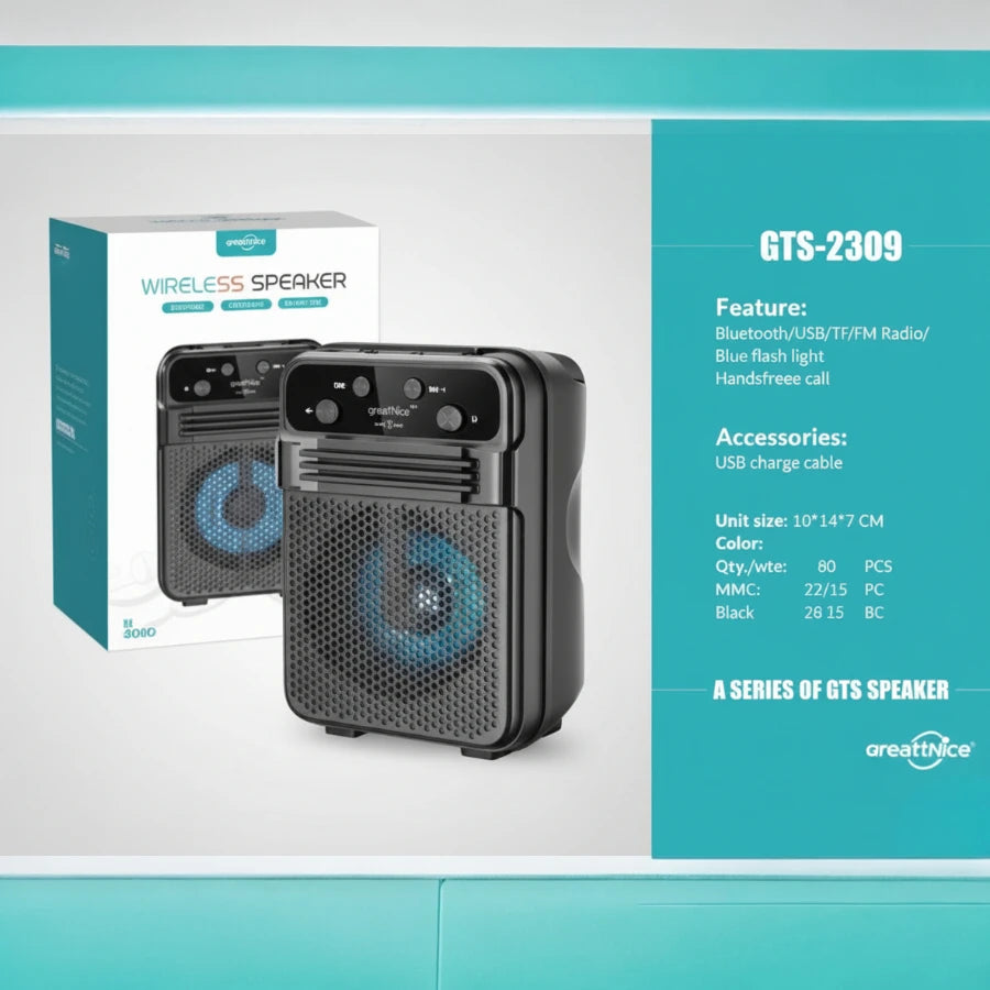 GreatNice GTS-2309 Portable Wireless Speaker with Big Sound, LED Light, and FM Radio (3-Inch)