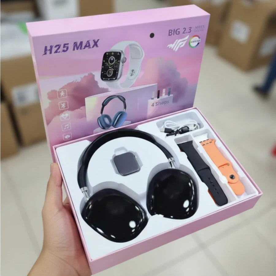 H25 Max BIG 2.3" AMOLED Smart Watch & Wireless Over-Ear Headphone Bundle with 4 Straps