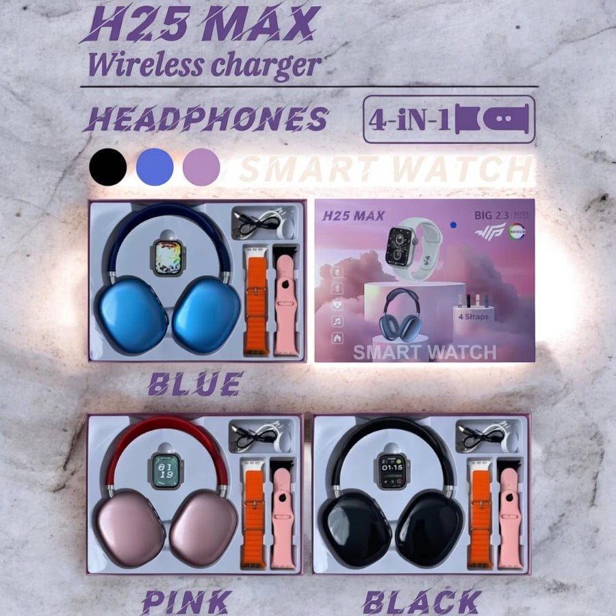 H25 Max BIG 2.3" AMOLED Smart Watch & Wireless Over-Ear Headphone Bundle with 4 Straps