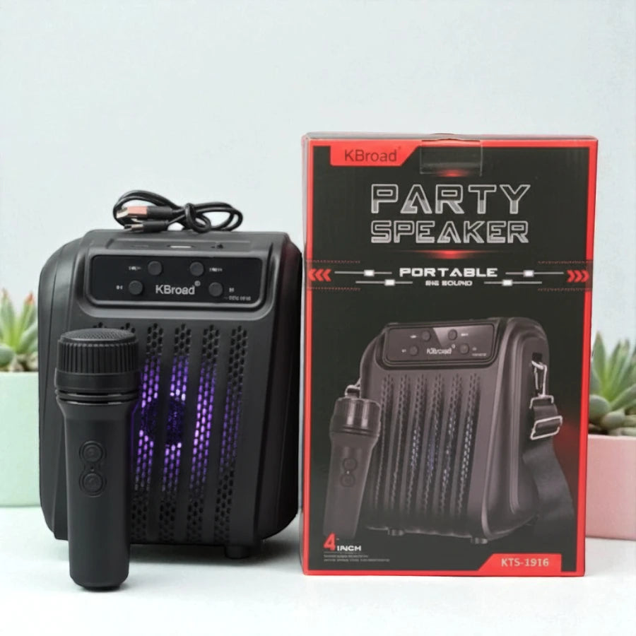 KBroad KTS-1916 Portable Party Speaker with Wireless Mic, RGB LED Lights & Bluetooth (4-Inch)