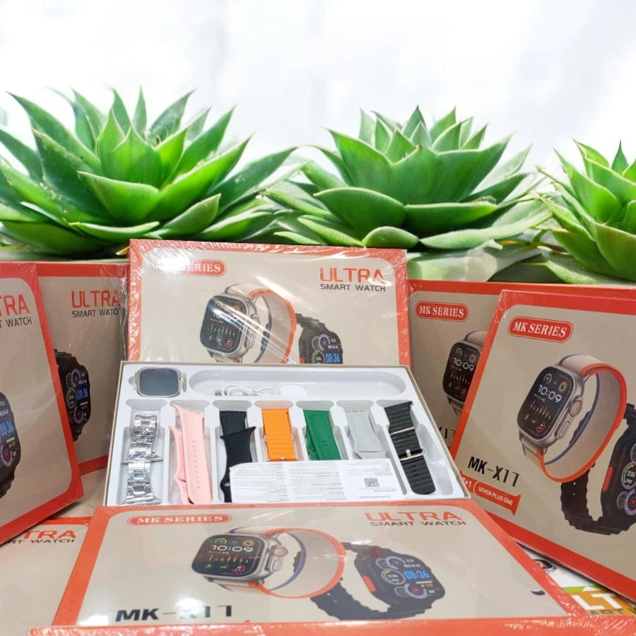MK X11 Ultra Smart Watch 7+1 Straps Set - Includes Stainless Steel Chain, Wireless Charging & Full Health Tracking