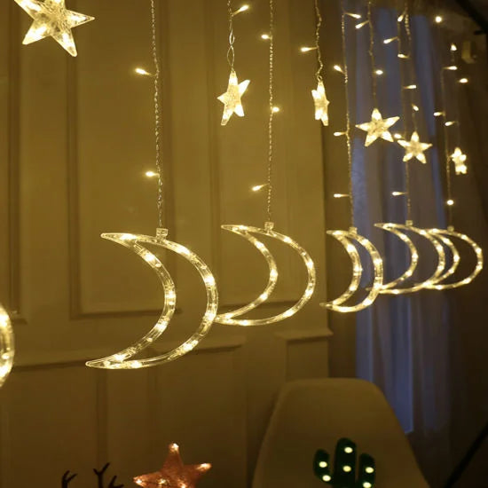 2.5M Length LED Moon Star Curtain Light For Wedding Decoration, Party Decoration 138 LED Fairy Lights 8 Lighting Modes