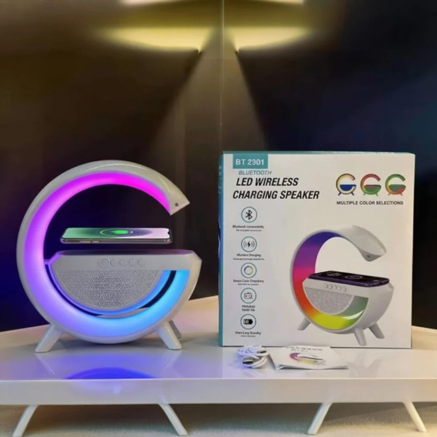 Multifunctional G Shape LED Lamp with Wireless Charging, Bluetooth Speaker & RGB Lights – Perfect for Bedroom & Office