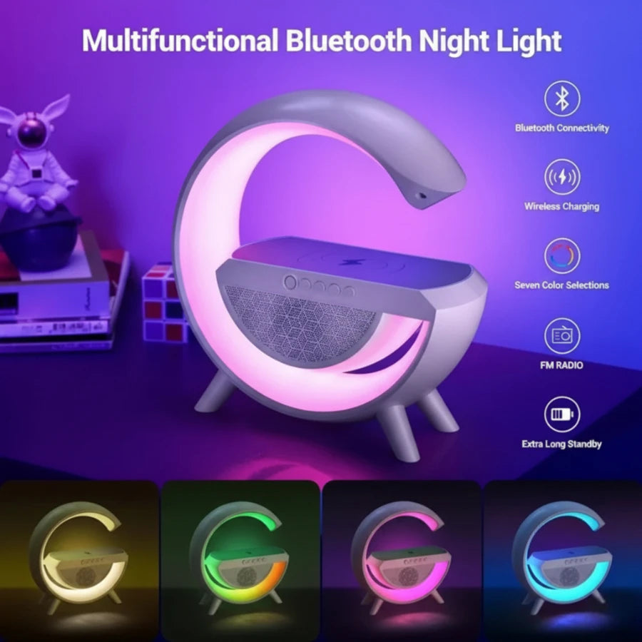 Multifunctional G Shape LED Lamp with Wireless Charging, Bluetooth Speaker & RGB Lights – Perfect for Bedroom & Office