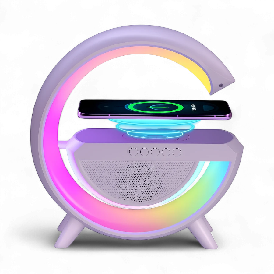Multifunctional G Shape LED Lamp with Wireless Charging, Bluetooth Speaker & RGB Lights – Perfect for Bedroom & Office