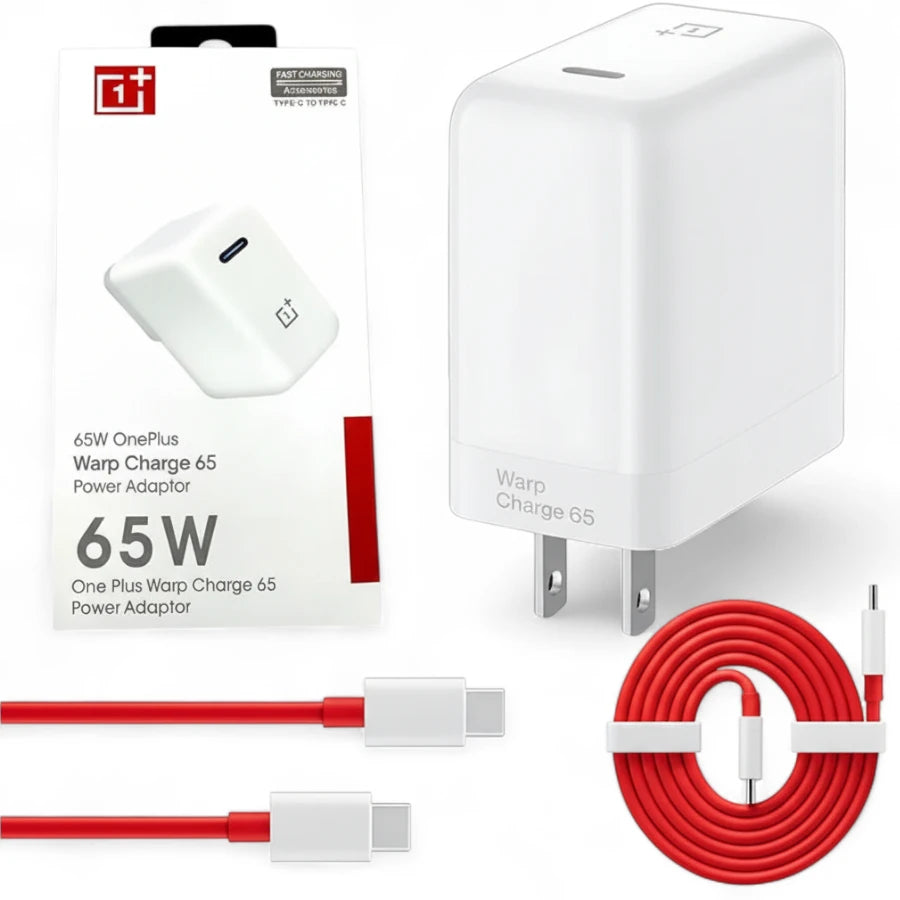 Original OnePlus Warp Charge 65W Power Adapter Kit - USB-C PD Fast Charging Wall Charger with High-Amperage Type-C to Type-C Cable