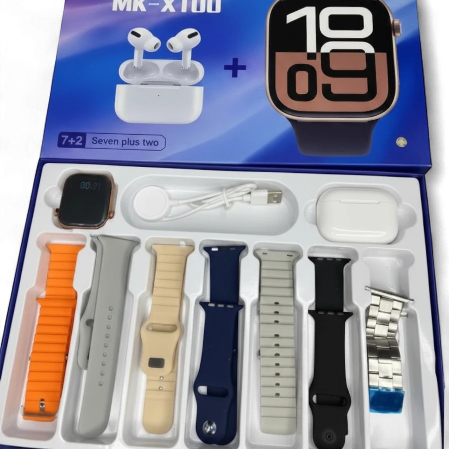 Series 10 MK-X100 Smart Watch & Wireless Earbuds Bundle with 7+ Premium Straps - The Ultimate 7-in-1 Kit