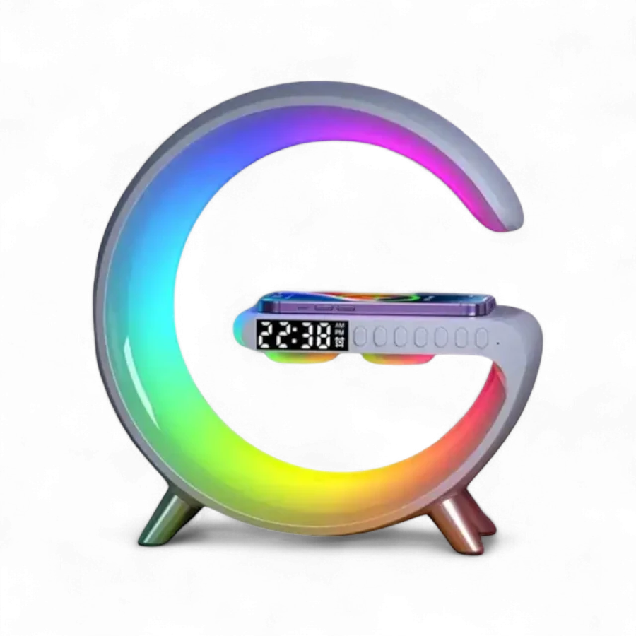 Smart G-Shaped Atmosphere Lamp | 7-in-1 Wake-Up Light, 15W Wireless Charger, Bluetooth Speaker & Sleep Aid Alarm Clock