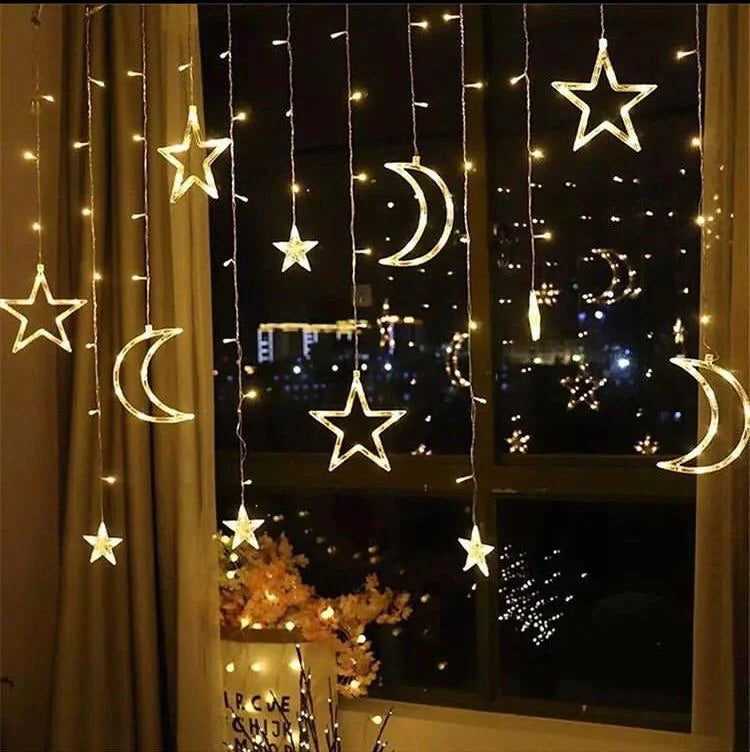 2.5M Length LED Moon Star Curtain Light For Wedding Decoration, Party Decoration 138 LED Fairy Lights 8 Lighting Modes