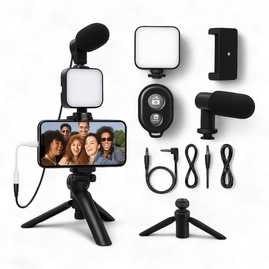 Vlogging Video-Making Kit – Universal Smartphone Tripod, LED Light & Microphone Set for Content Creators