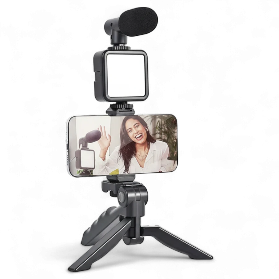 Vlogging Video-Making Kit – Universal Smartphone Tripod, LED Light & Microphone Set for Content Creators