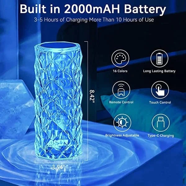 Crystal Lamp, Rose Diamond Table Lamp, 3/16 Colors With Touch And Remote Control, USB Rechargeable Decorative Acrylic Rays Lamp