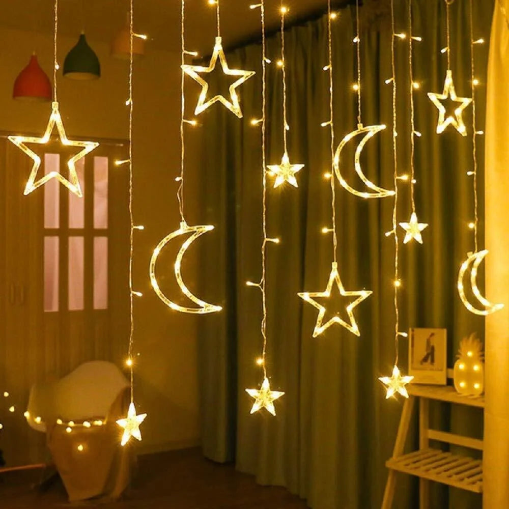 2.5M Length LED Moon Star Curtain Light For Wedding Decoration, Party Decoration 138 LED Fairy Lights 8 Lighting Modes